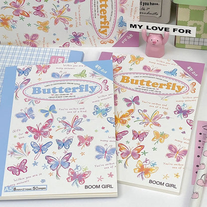 A5 50 Sheets Notebook Kawaii Ins Style Hand-drawn Butterfly Checkered Lines Portable Planner Retro Coil Schedule School