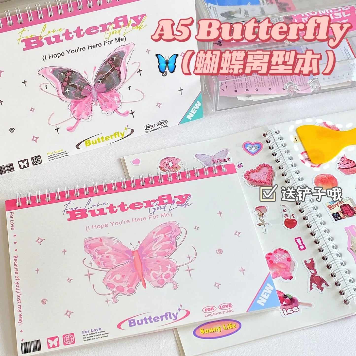 A5 24 Blank Sheets Double-Sided Wind Butterfly Release  Paper Tape Sticker Paper with Plastic Shovel Illustrated Book