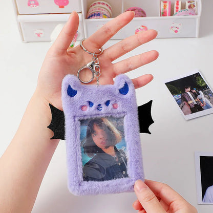 3inch Kawaii Photocard Holder Little Devil Dog Plush Photo Album Credit ID Card Bus Card Cover Keychains Protective Case