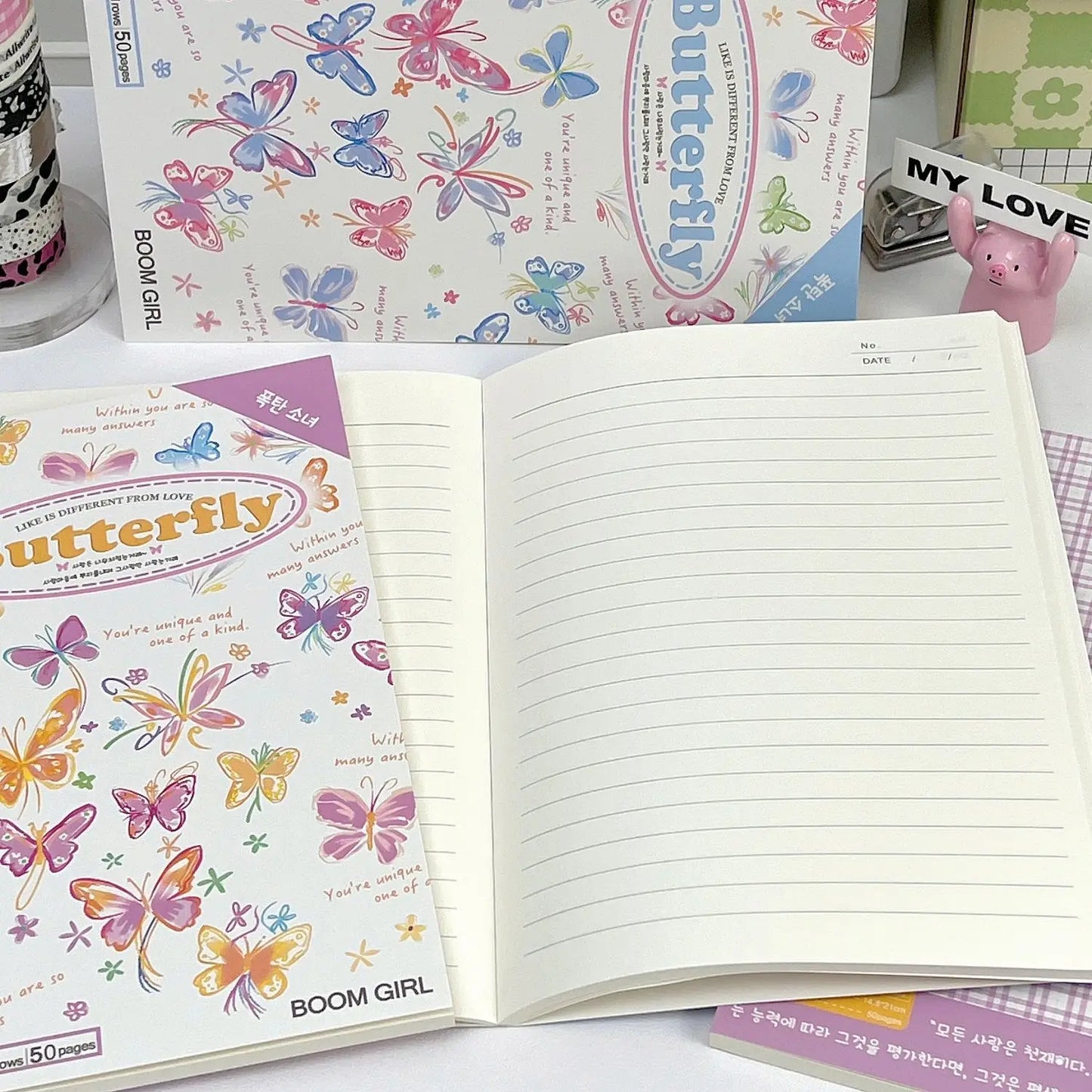 A5 50 Sheets Notebook Kawaii Ins Style Hand-drawn Butterfly Checkered Lines Portable Planner Retro Coil Schedule School