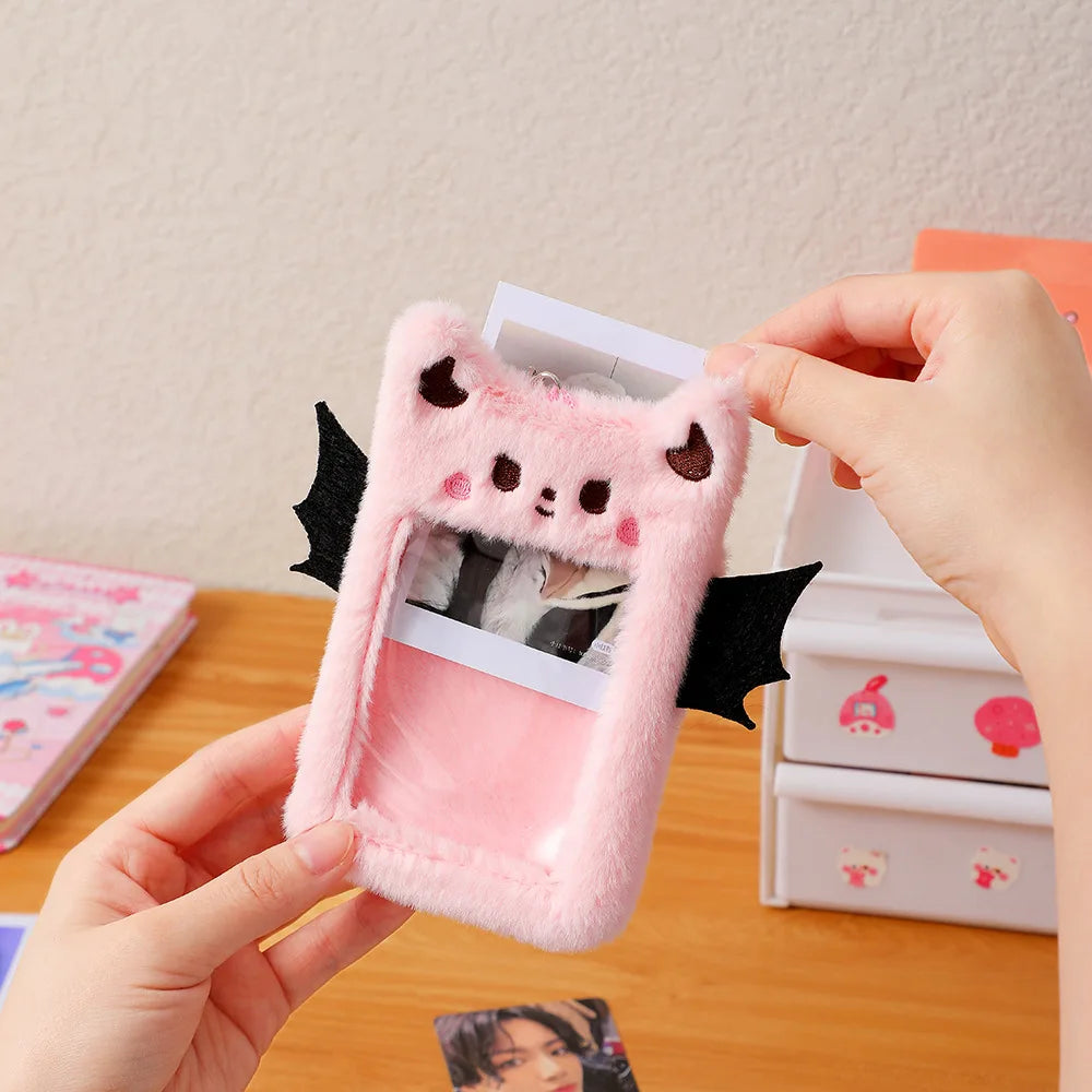 3inch Kawaii Photocard Holder Little Devil Dog Plush Photo Album Credit ID Card Bus Card Cover Keychains Protective Case